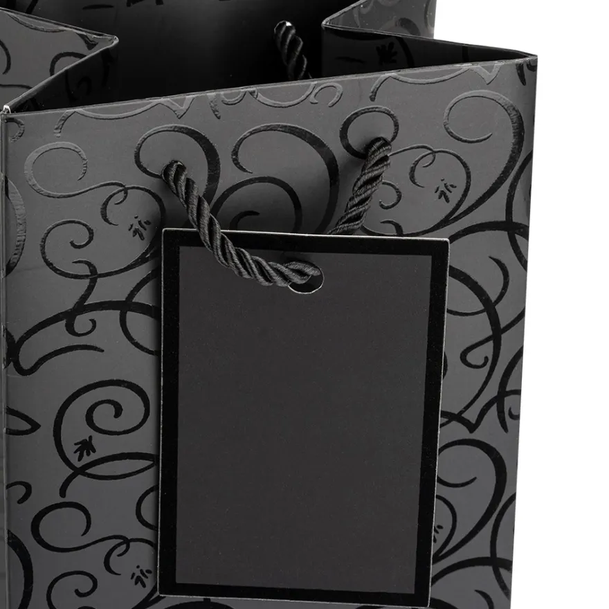 Geschenktaschen für Flaschen, 36cm x 12cm x 10cm, 230g/m², Lack-Ornamentik, matt-schwarz, 10 Stück