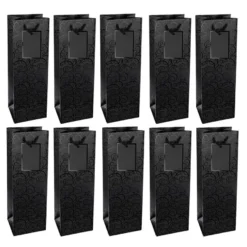 Geschenktaschen für Flaschen, 36cm x 12cm x 10cm, 230g/m², Lack-Ornamentik, matt-schwarz, 10 Stück