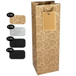 Geschenktaschen für Flaschen, 36cm x 12cm x 10cm, 230g/m², 4 versch. Designs und Farben, 10 Stück