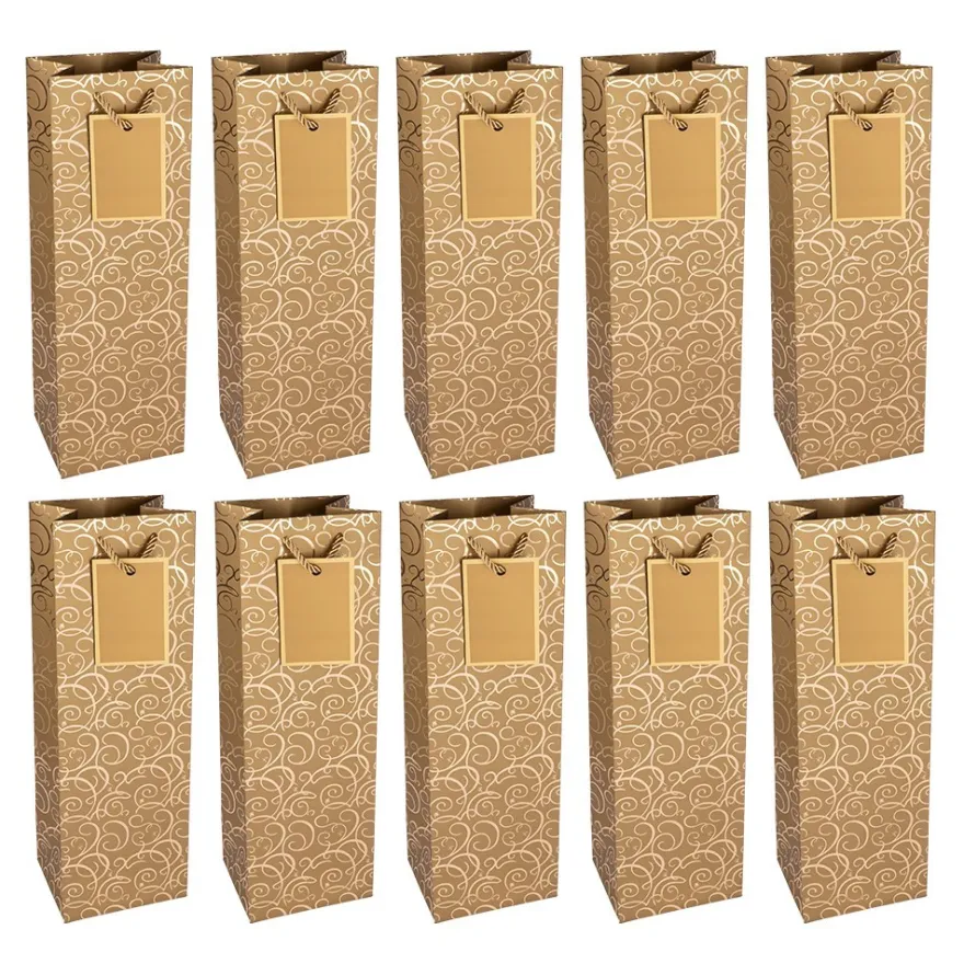 Geschenktaschen für Flaschen, 36cm x 12cm x 10cm, 230g/m², Spiegel-Ornamentik, gold, 10 Stück
