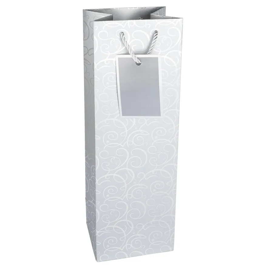 Geschenktaschen für Flaschen, 36cm x 12cm x 10cm, 230g/m², Spiegel-Ornamentik, silber, 10 Stück