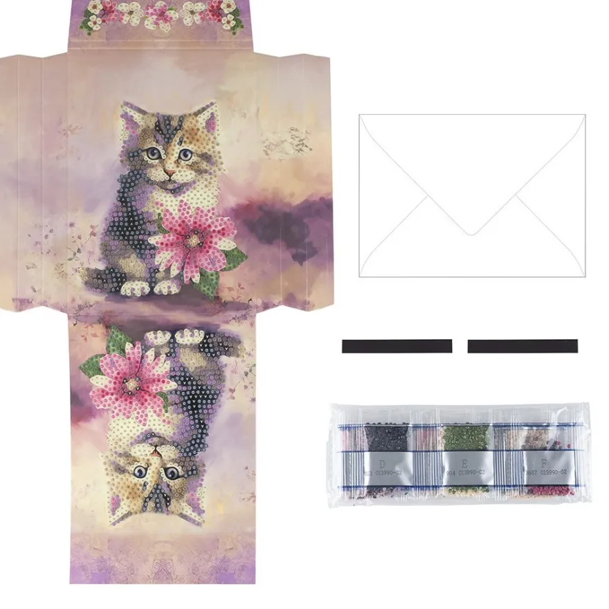 Geschenktaschen-Grußkarte mit Diamond Painting, Katze mit Blume, 16,5cm hoch, inkl. Zubehör
