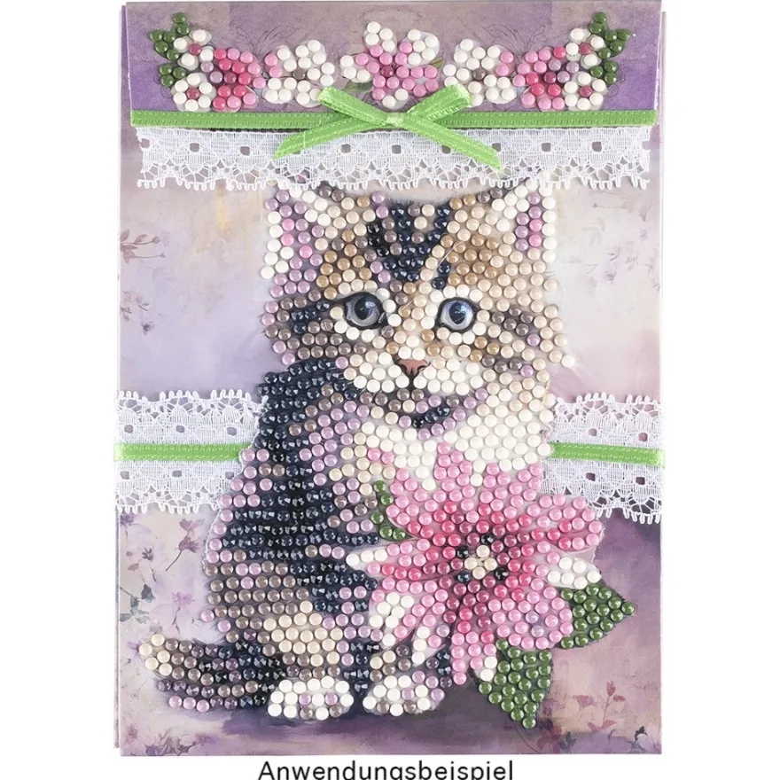 Geschenktaschen-Grußkarte mit Diamond Painting, Katze mit Blume, 16,5cm hoch, inkl. Zubehör