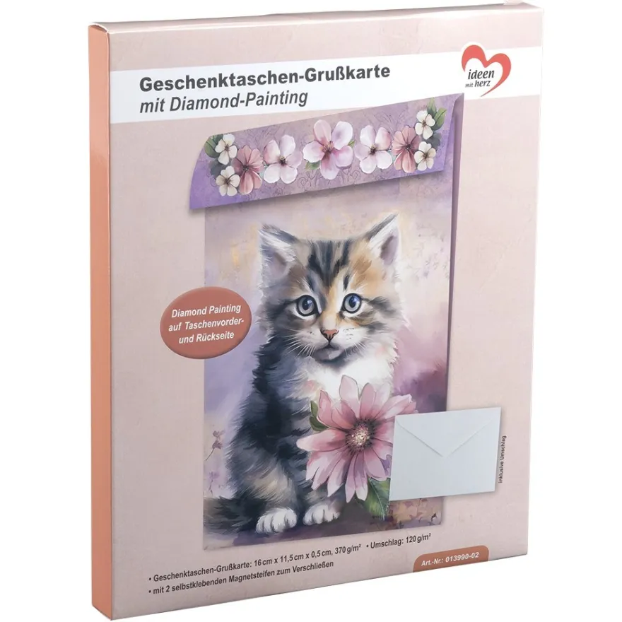Geschenktaschen-Grußkarte mit Diamond Painting, Katze mit Blume, 16,5cm hoch, inkl. Zubehör