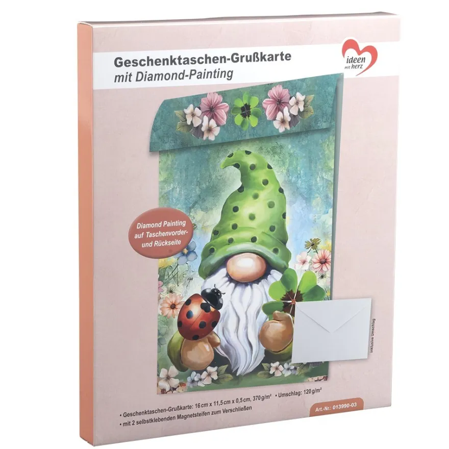 Geschenktaschen-Grußkarte mit Diamond Painting, Wichtel, 16,5cm hoch, inkl. Zubehör