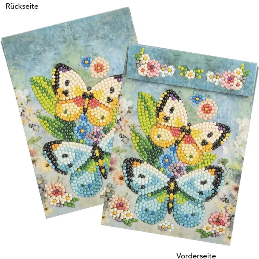 Geschenktaschen-Grußkarte mit Diamond Painting, Schmetterlinge, 16,5cm hoch, inkl. Zubehör