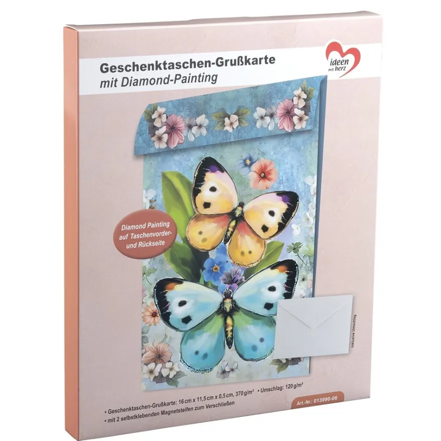 Geschenktaschen-Grußkarte mit Diamond Painting, Schmetterlinge, 16,5cm hoch, inkl. Zubehör