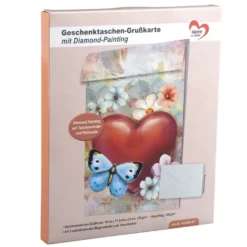 Geschenktaschen-Grußkarte mit Diamond Painting, Herz & Schmetterling, 16,5cm hoch, inkl. Zubehör