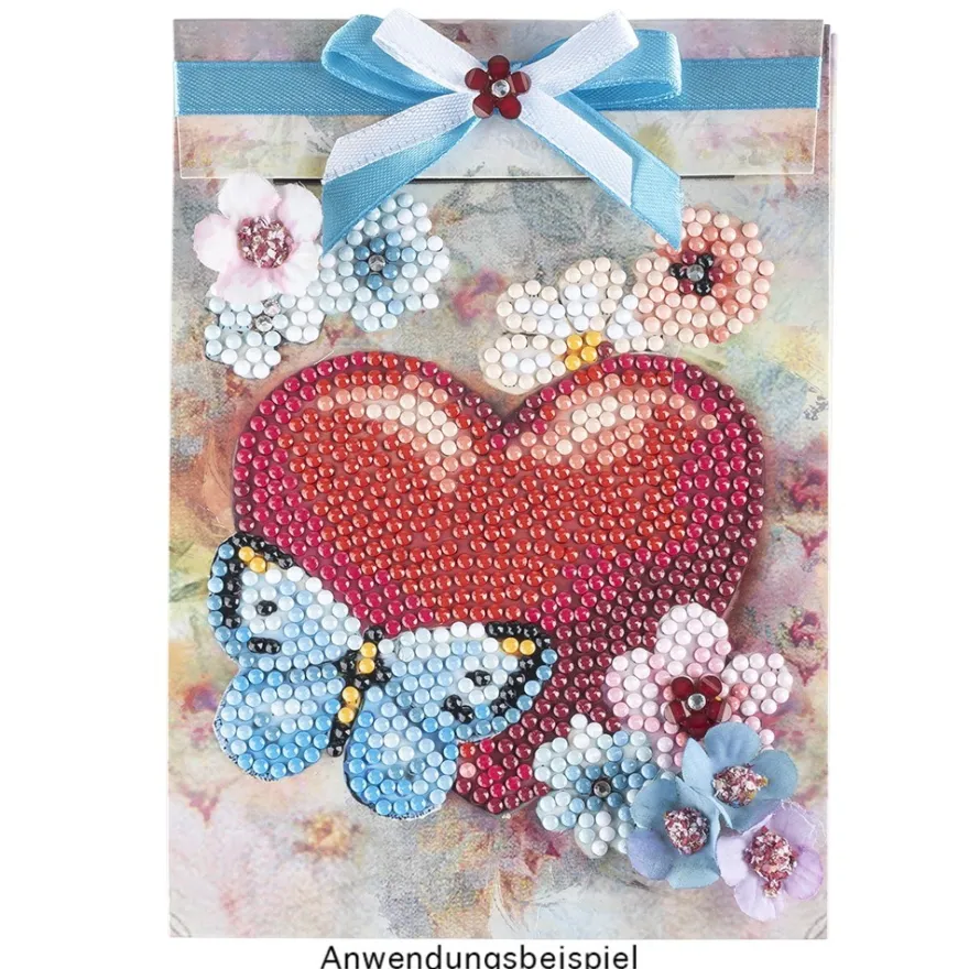 Geschenktaschen-Grußkarte mit Diamond Painting, Herz & Schmetterling, 16,5cm hoch, inkl. Zubehör