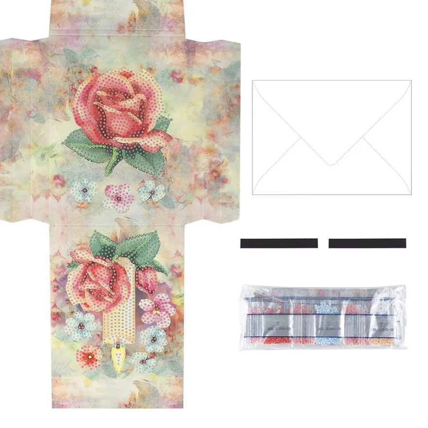 Geschenktaschen-Grußkarte mit Diamond Painting, Kerze & Rose, 16,5cm hoch, inkl. Zubehör