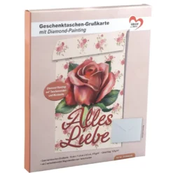 Geschenktaschen-Grußkarte mit Diamond Painting, Rote Rose • Alles Liebe, 16,5cm hoch, inkl. Zubehör