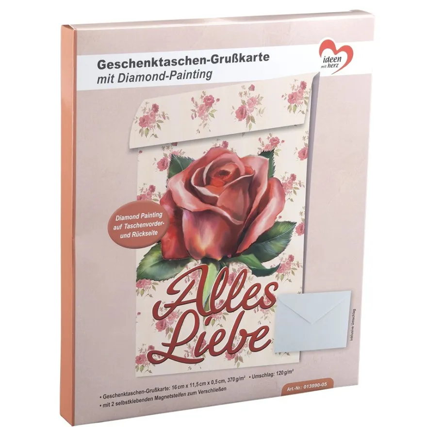 Geschenktaschen-Grußkarte mit Diamond Painting, Rote Rose • Alles Liebe, 16,5cm hoch, inkl. Zubehör