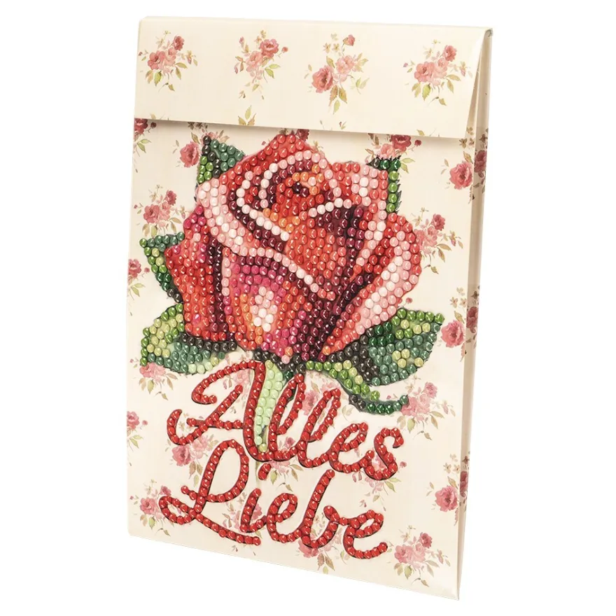 Geschenktaschen-Grußkarte mit Diamond Painting, Rote Rose • Alles Liebe, 16,5cm hoch, inkl. Zubehör
