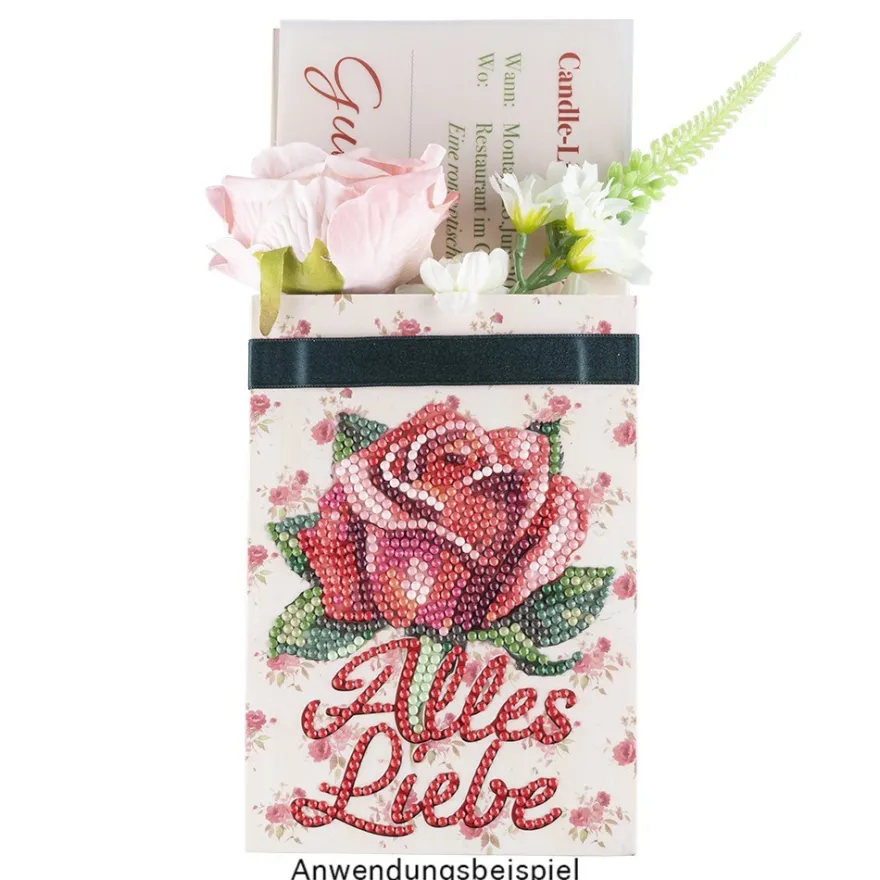 Geschenktaschen-Grußkarte mit Diamond Painting, Rote Rose • Alles Liebe, 16,5cm hoch, inkl. Zubehör