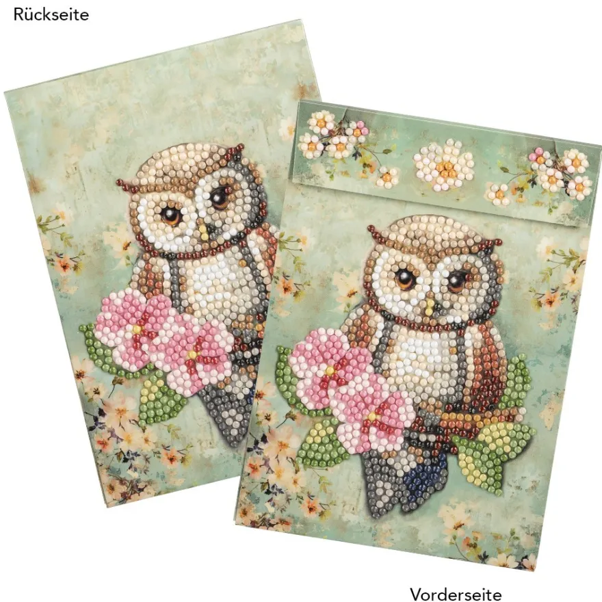 Geschenktaschen-Grußkarte mit Diamond Painting, Eule mit Blume, 16,5cm hoch, inkl. Zubehör
