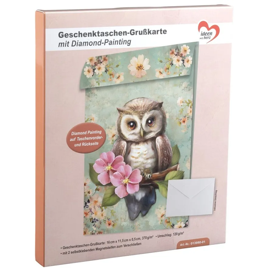 Geschenktaschen-Grußkarte mit Diamond Painting, Eule mit Blume, 16,5cm hoch, inkl. Zubehör