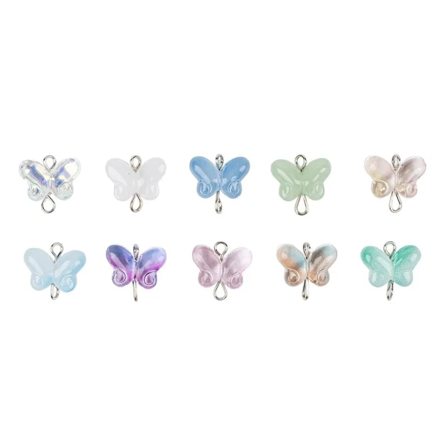 Glas-Anhänger mit Kettelstift, Schmetterling, 1,5cm x 0,6cm x 1cm, 10 versch. Farben, 21 Stück