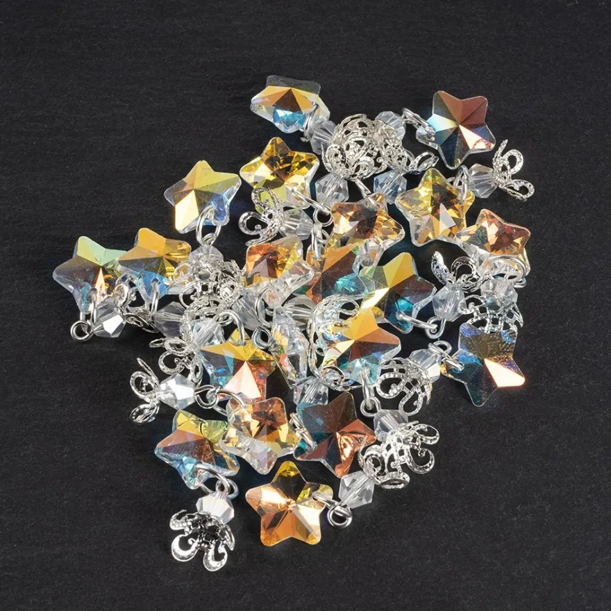 Glas-Anhänger mit Perlenkappe, Stern, 2,9cm x 1,3cm, klar-irisierend, 20 Stück