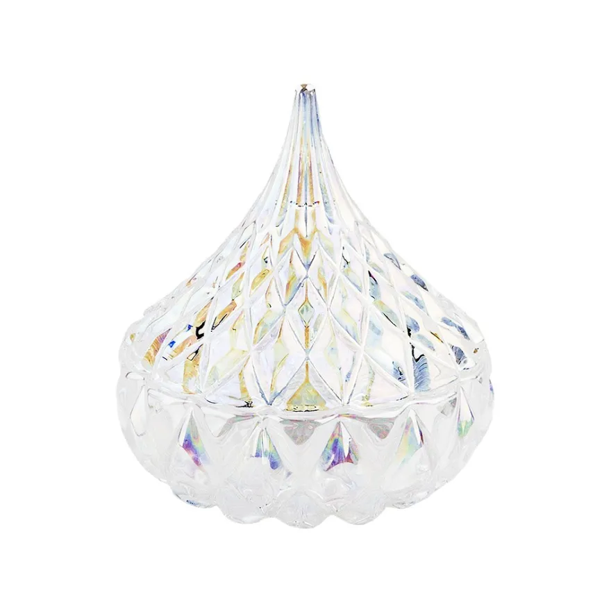 Glas-Bonboniere, facettiert, 2-teilig, Ø 7,5cm, 8,5cm hoch, abnehmbarer Deckel, klar-irisierend