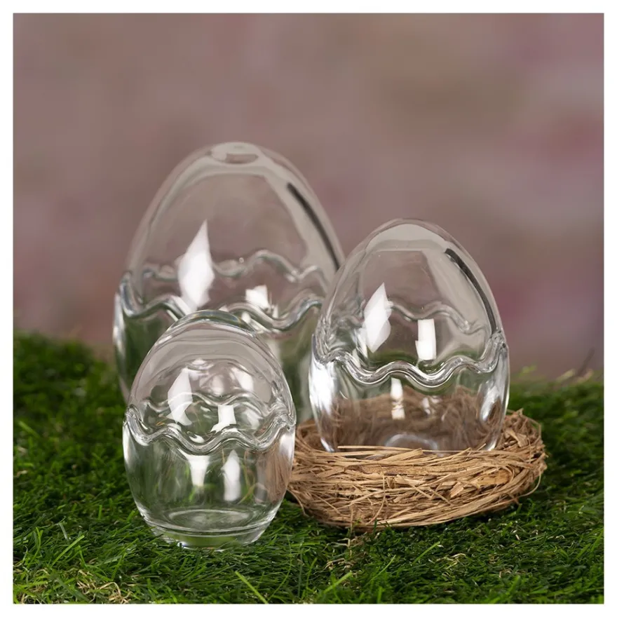 Glas-Eier, 2-teilig, 3 verschiedene Größen, abnehmbarer Deckel, klar, 3 Stück