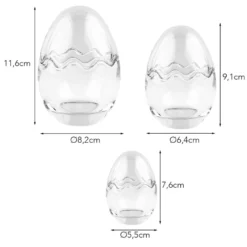 Glas-Eier, 2-teilig, 3 verschiedene Größen, abnehmbarer Deckel, klar, 3 Stück