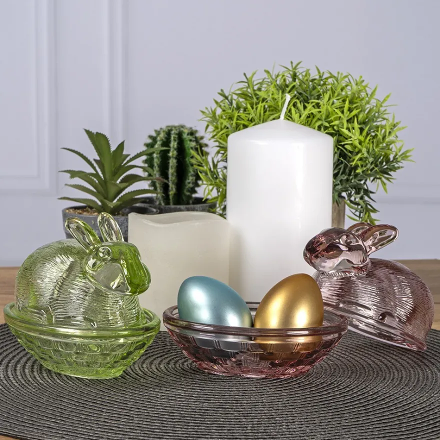 Glas-Hase, 2-teilig, 12,2cm lang, 10cm hoch, abnehmbarer Deckel, altrosa