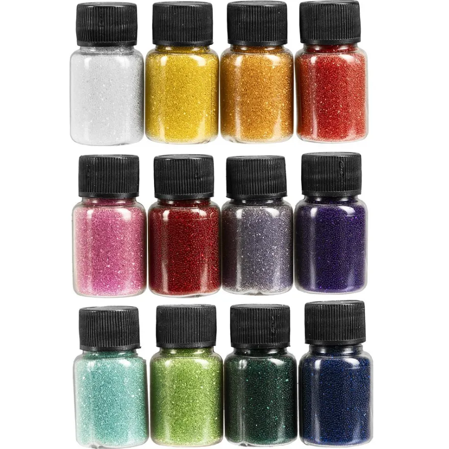 Glaskügelchen Ø 0,6mm-0,8mm, 20g je Dose, versch. Farben, 12 Stück
