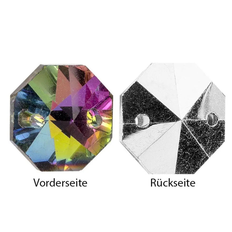 Glaskunst, Koppen, Octagon, Ø 1,2cm, facettiert, taupe irisierend/silberfarbene Rückseite, 36 Stück