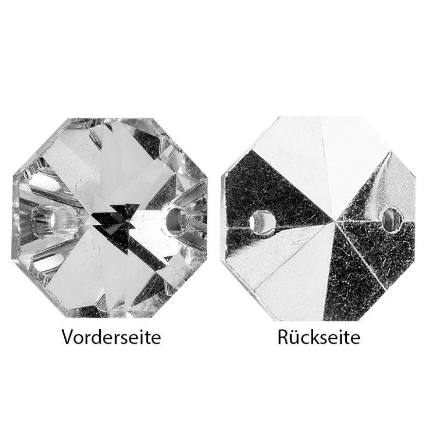 Glaskunst, Koppen, Octagon, Ø 1,2cm, facettiert, klar/silberfarbene Rückseite, 36 Stück