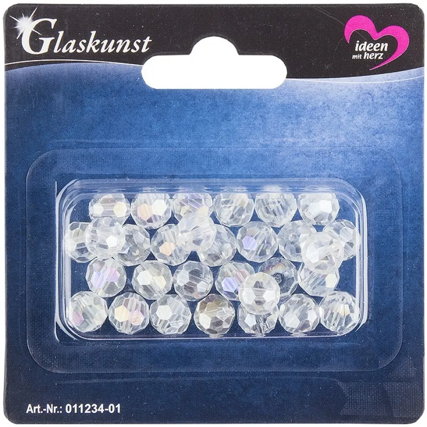 Glaskunst, Perlen, Kugel, Ø 1cm, facettiert, klar irisierend, 30 Stück