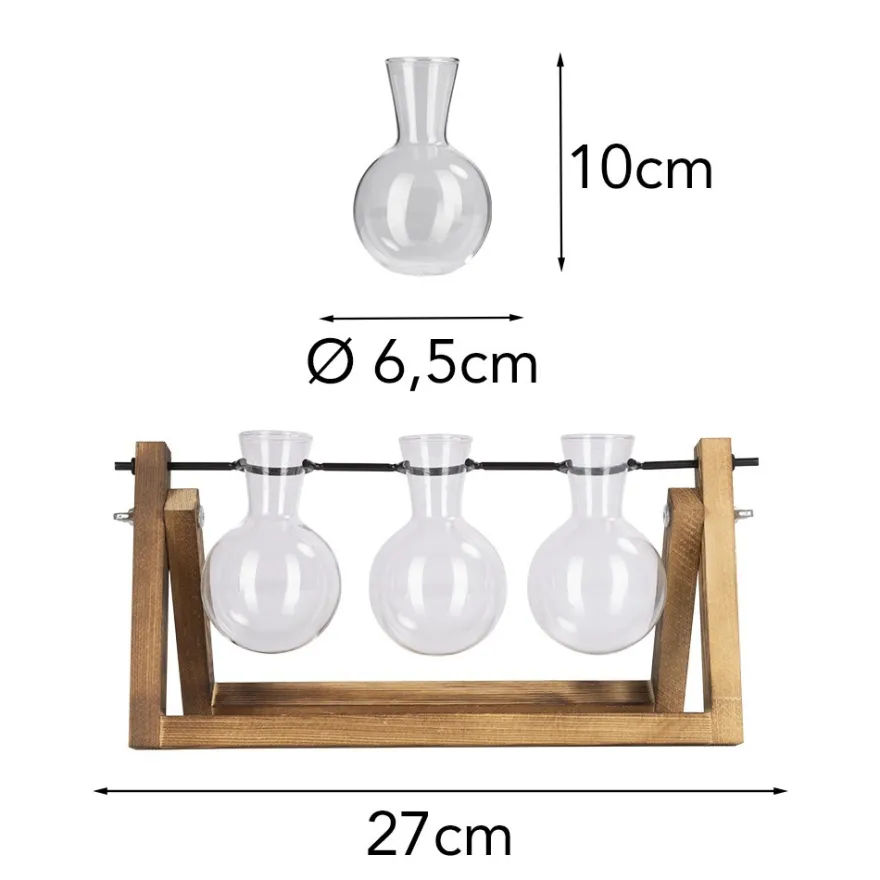 Glas-Vasen im Holzständer, 3 Glas-Vasen: Ø 6,5cm, 10cm hoch, Holzständer: 27cm breit