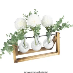 Glas-Vasen im Holzständer, 3 Glas-Vasen: Ø 6,5cm, 10cm hoch, Holzständer: 27cm breit