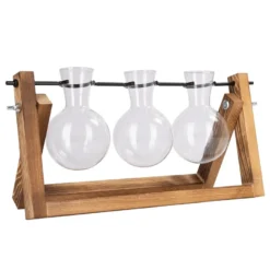 Glas-Vasen im Holzständer, 3 Glas-Vasen: Ø 6,5cm, 10cm hoch, Holzständer: 27cm breit
