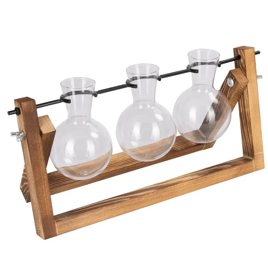 Glas-Vasen im Holzständer, 3 Glas-Vasen: Ø 6,5cm, 10cm hoch, Holzständer: 27cm breit