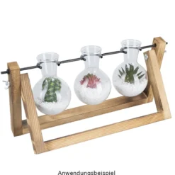 Glas-Vasen im Holzständer, 3 Glas-Vasen: Ø 6,5cm, 10cm hoch, Holzständer: 27cm breit