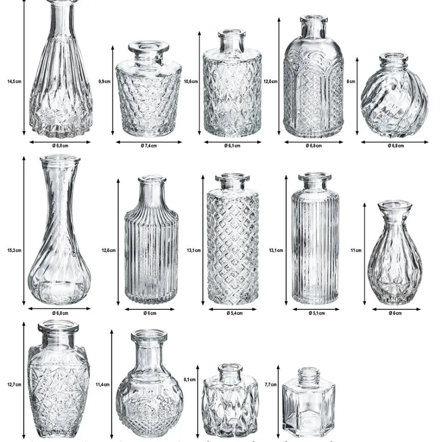 Glas-Vasen, verschiedene Designs & Größen, 14 Stück