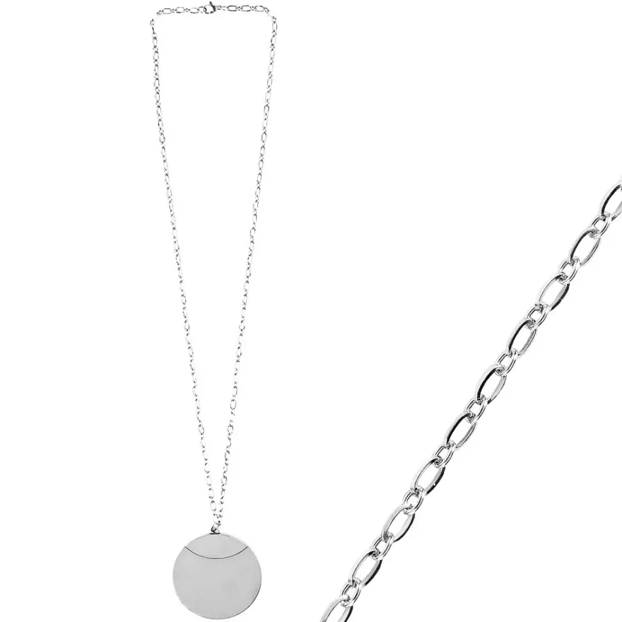 Glieder-Halskette mit Anhänger aus Edelstahl, Länge 60cm, 3mm stark, Anhänger Ø 5cm, silber