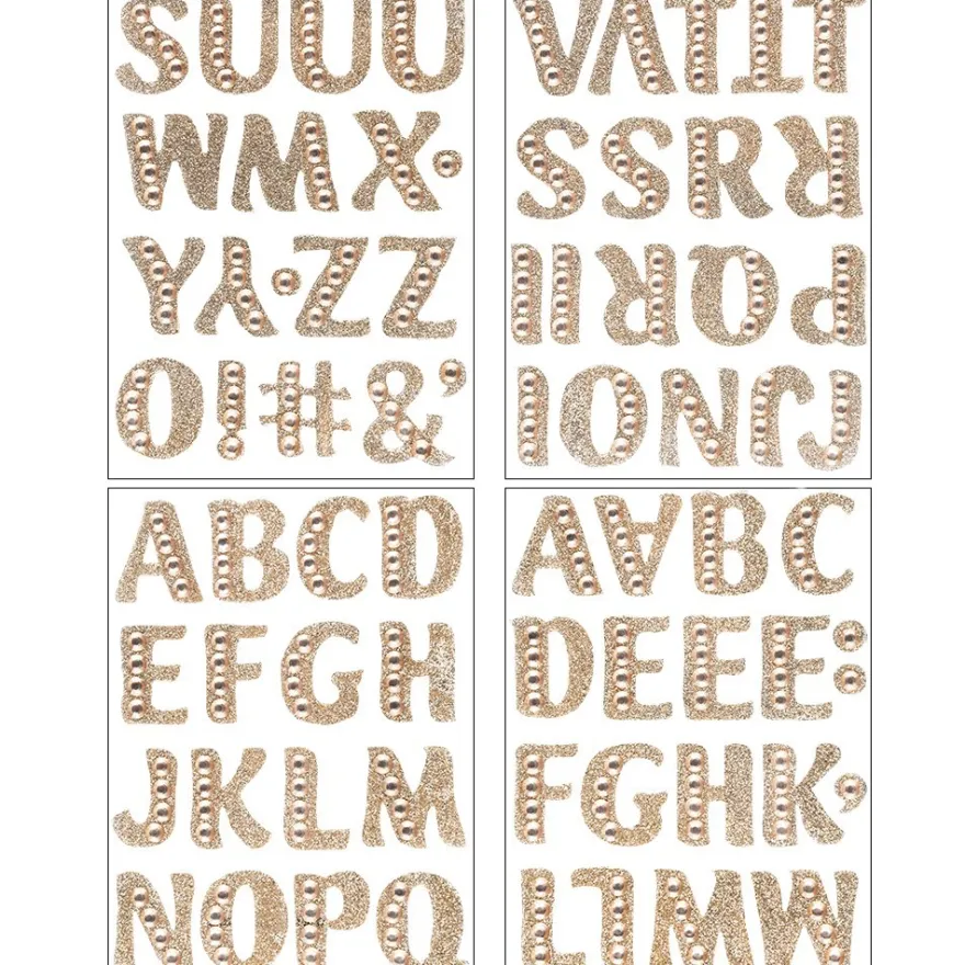 Glitzer-Sticker, Alphabet 2, 11cm x 15cm, hellgold, mit Schmucksteinen, 4 Bogen