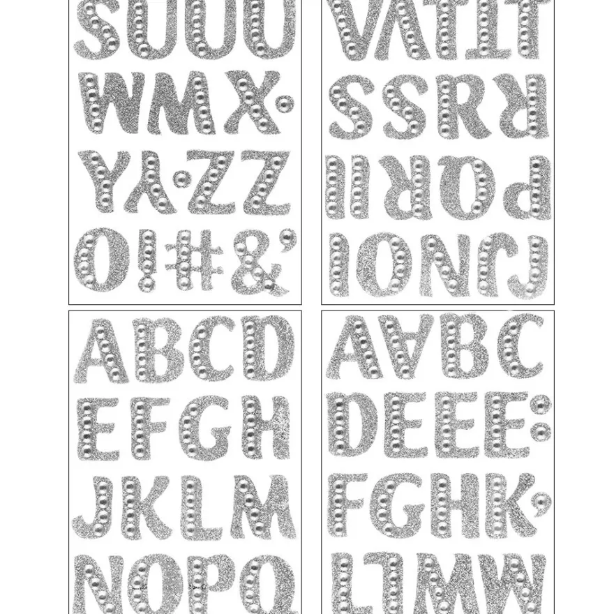 Glitzer-Sticker, Alphabet 2, 11cm x 15cm, silber, mit Schmucksteinen, 4 Bogen