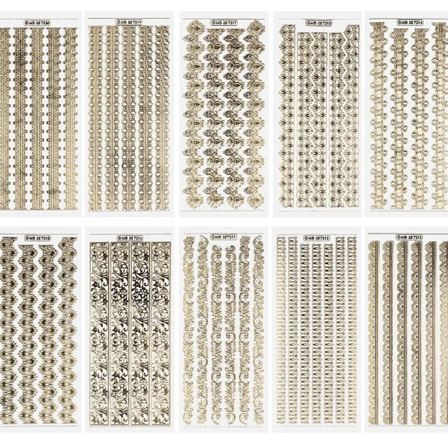 Gravur-Stickerbogen, Kunstvolle Bordüren, 10cm x 23cm, tranparent/gold, 10 Bogen