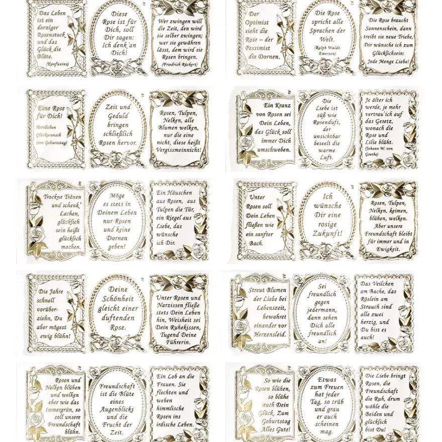 Gravur-Stickerbogen, 30 Rosen-Poesie Sprüche