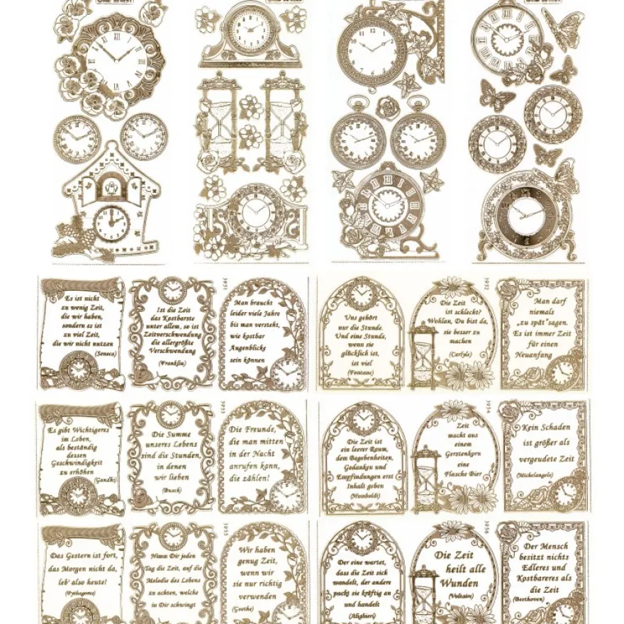 Gravur-Sticker, Zeitsprüche und Uhrenmotive, 10 Bogen