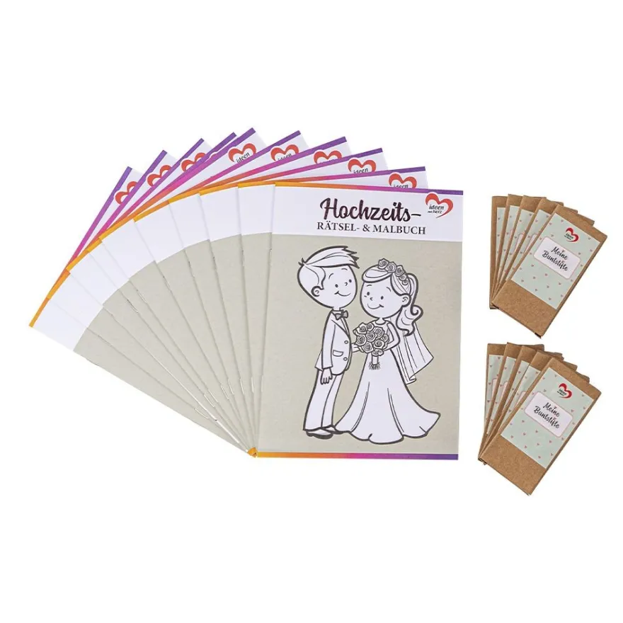 Hochzeits- Rätsel- & Malbuch, DIN A5, 200g/m², inkl. Buntstifte, 10 Stück