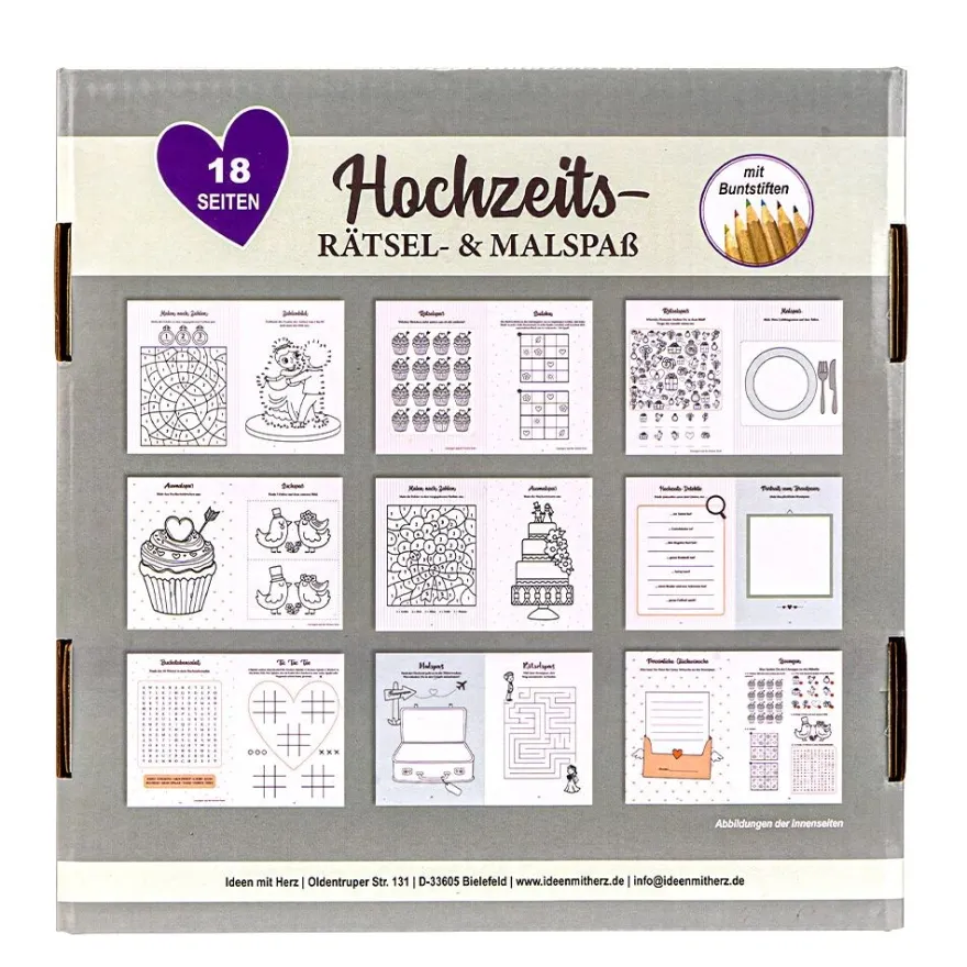 Hochzeits- Rätsel- & Malbuch, DIN A5, 200g/m², inkl. Buntstifte, 10 Stück