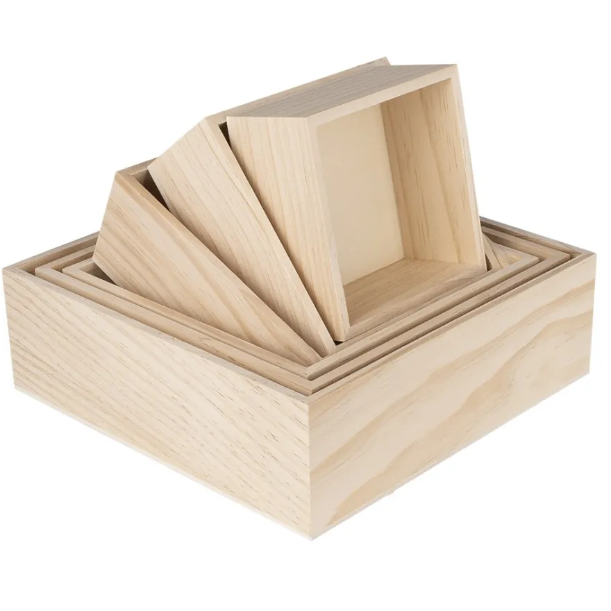 Holz-Boxen, Quadrate, offen, verschiedene Größen, 6 Stück