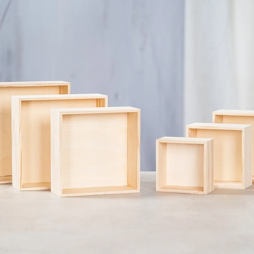 Holz-Boxen, Quadrate, offen, verschiedene Größen, 6 Stück