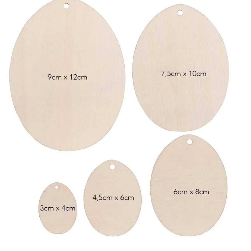 Holz-Eier, Rohlinge, zum Aufhängen, 5 versch. Größen, flach, 2mm stark, 40 Stück