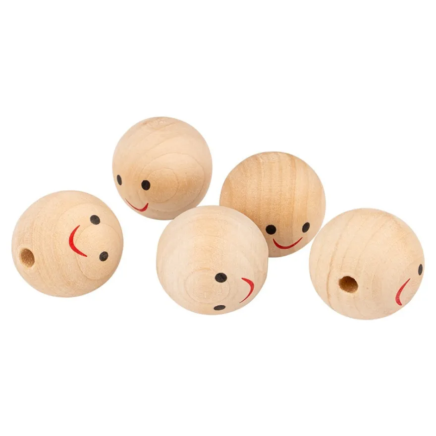 Holzköpfe, lächelnde Gesichter, Ø3cm, halbgebohrtes Loch, 5 Stück