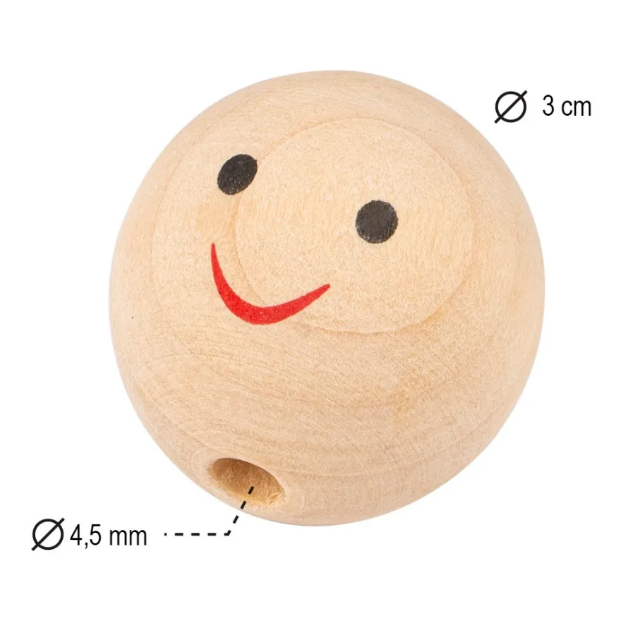 Holzköpfe, lächelnde Gesichter, Ø3cm, halbgebohrtes Loch, 5 Stück