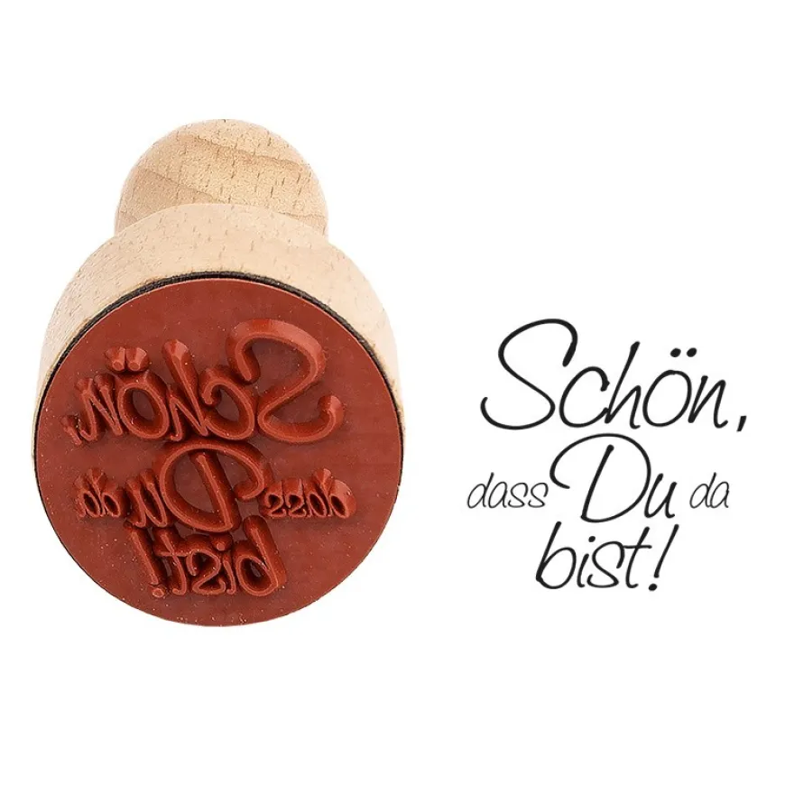 Holzstempel, Schön, dass Du da bist!, Ø3cm, 8,5cm hoch, mit Griff